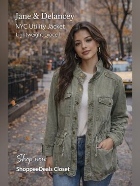 Jane & Delancey Olive Utility Jacket Lyocell Lightweight Button Front
